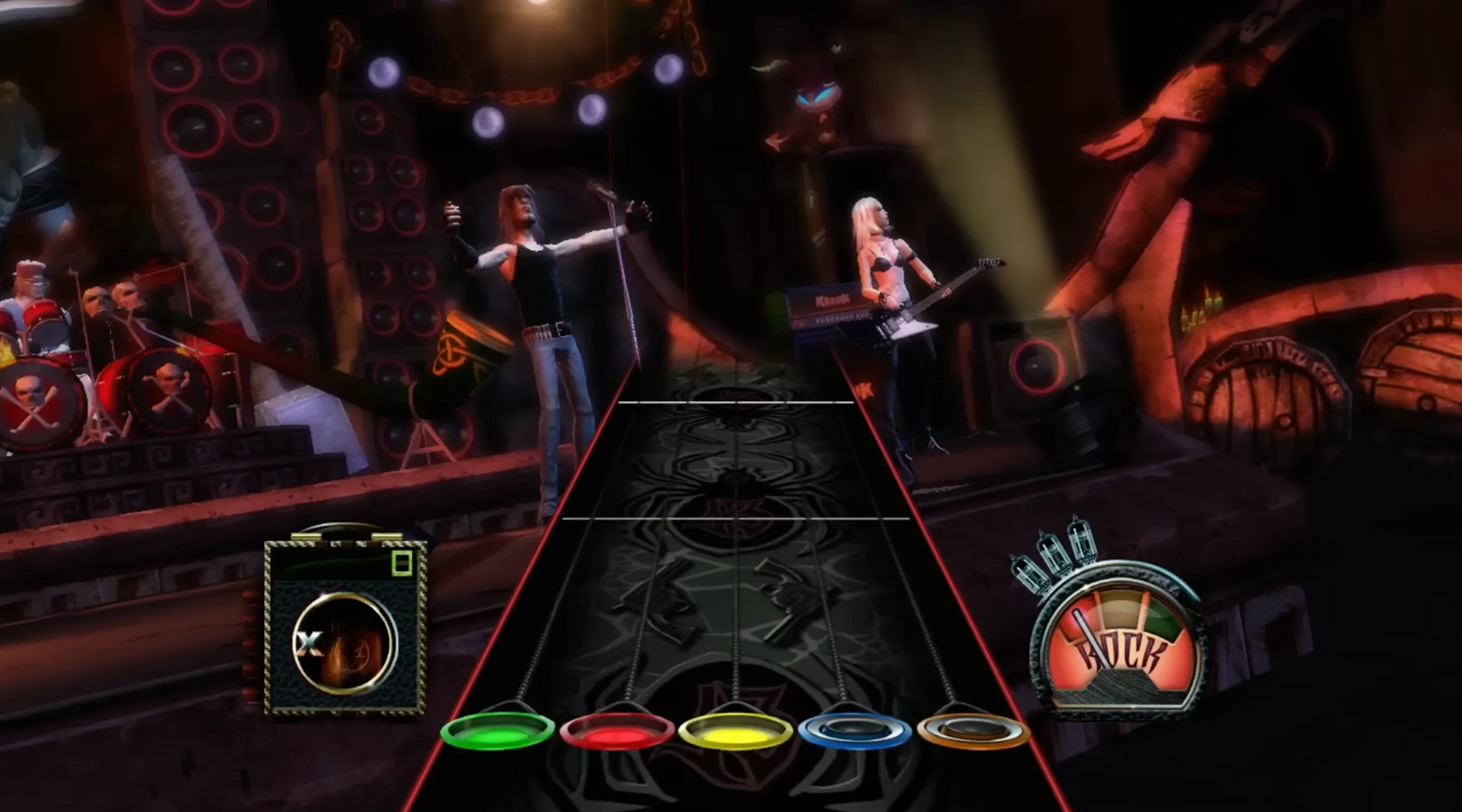 A screenshot of a Guitar Hero level with no notes in the lanes.