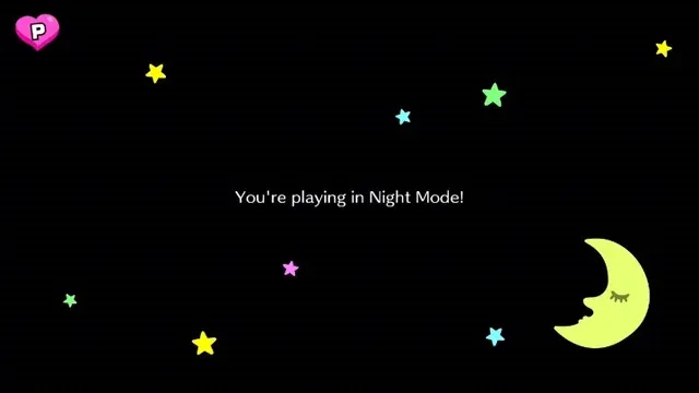 A screenshot of Rhythm Heaven Groove’s night mode UI: “You’re playing in Night Mode!”