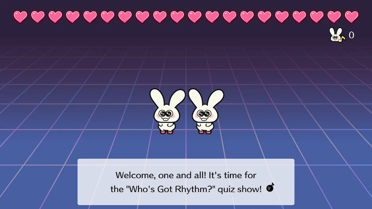 Screenshot of Rhythm Heaven Groove’s “Who’s Got Rhythm?” minigame, featuring two bunny sprites.