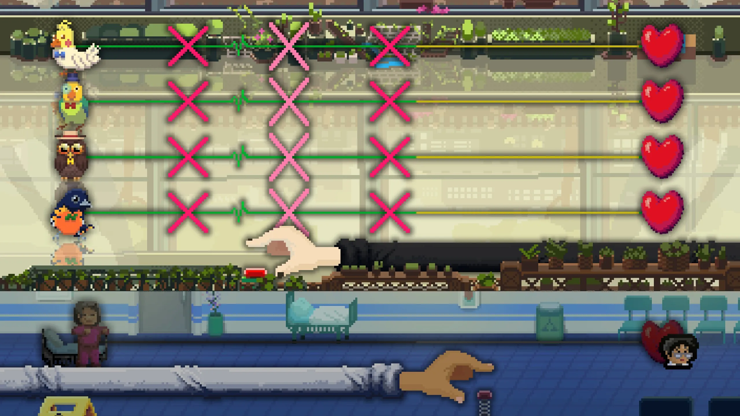 A screenshot of Rhythm Doctor, showing three lanes with some beats blocked out.